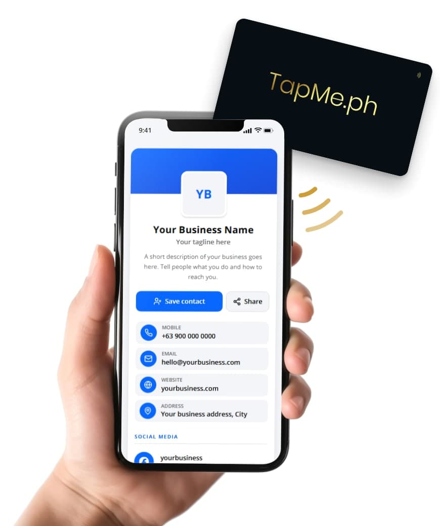 A TapMe.ph card tapped on a phone, opening a business page